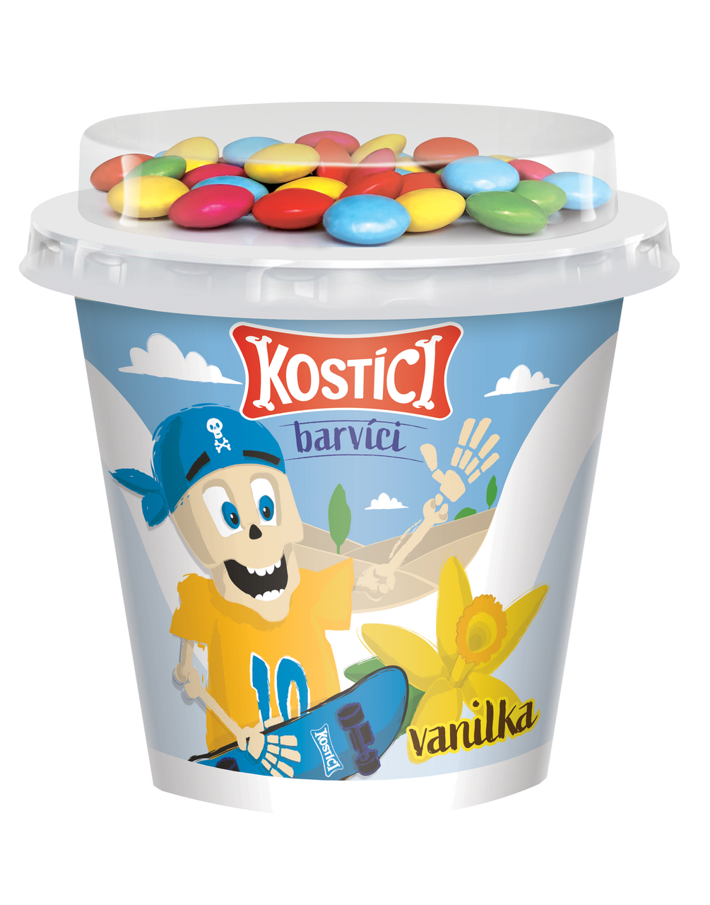 Danone Kostíci Barvíci Jogurt vanilka a dražé z mléčné čokolády chlaz. 10 x 109 g