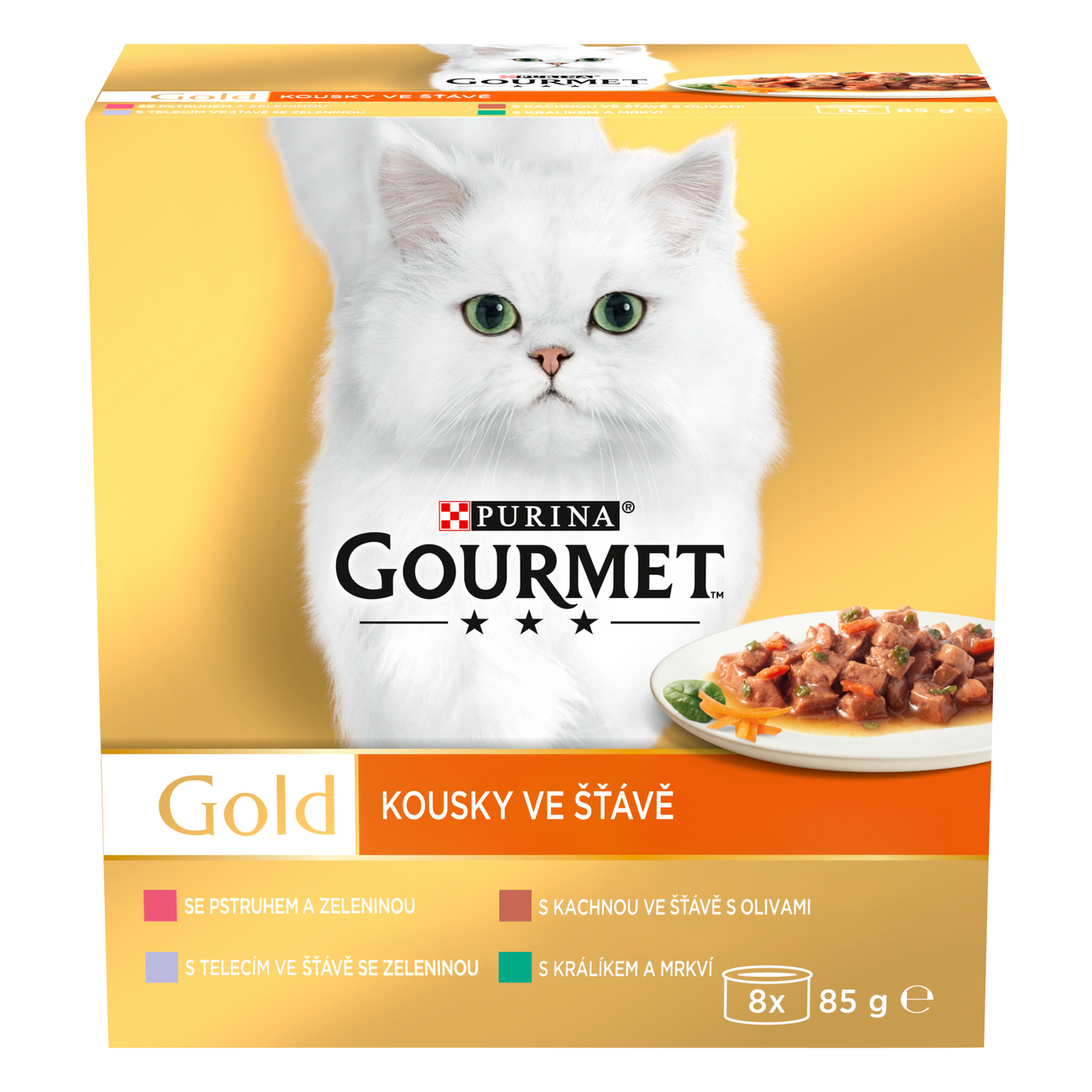 Gourmet Gold konzervy pro kočky kachna, pstruh, králík, telecí ve šťávě 8 x 85 g