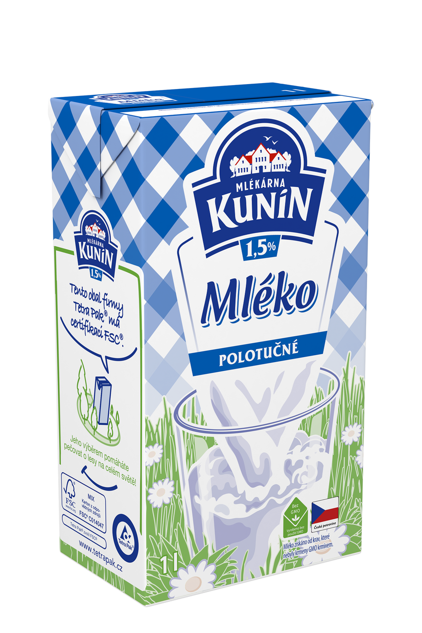 MLÉKÁRNA KUNÍN Mléko polotučné 1,5 % trvanlivé 12 x 1 l