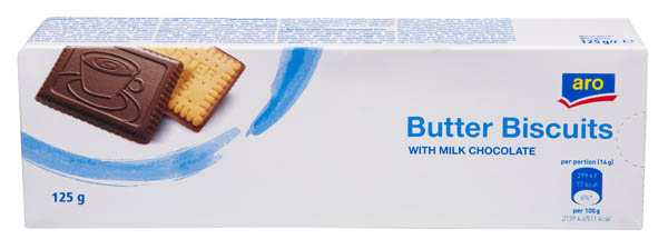 aro Butter Biscuits Máslové sušenky s mléčnou čokoládou 125 g