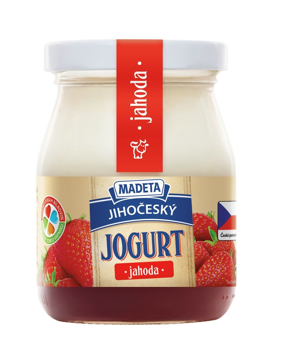 MADETA Jihočeský jogurt jahoda 2,5 % tuku chlaz. 200 g ve skle