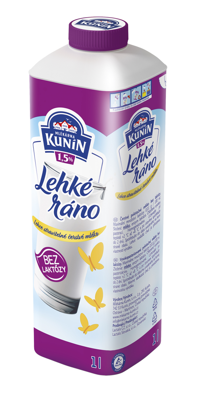MLÉKÁRNA KUNÍN Mléko Lehké ráno bez laktózy 1,5 % tuku 1 l