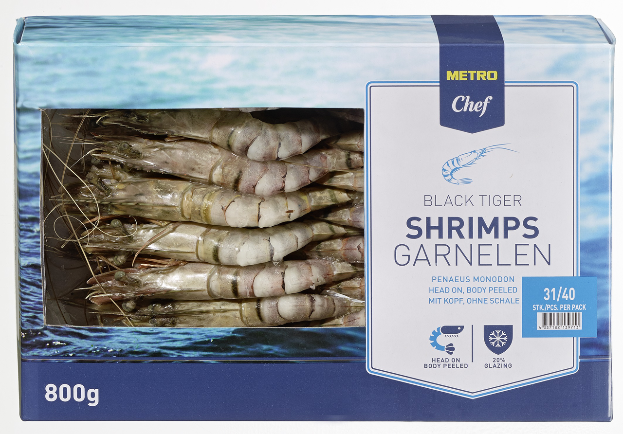 METRO Chef Krevety Black Tiger krevety celé neloupané (s hlavou i pancířem) 30/40 mraž. 800 g