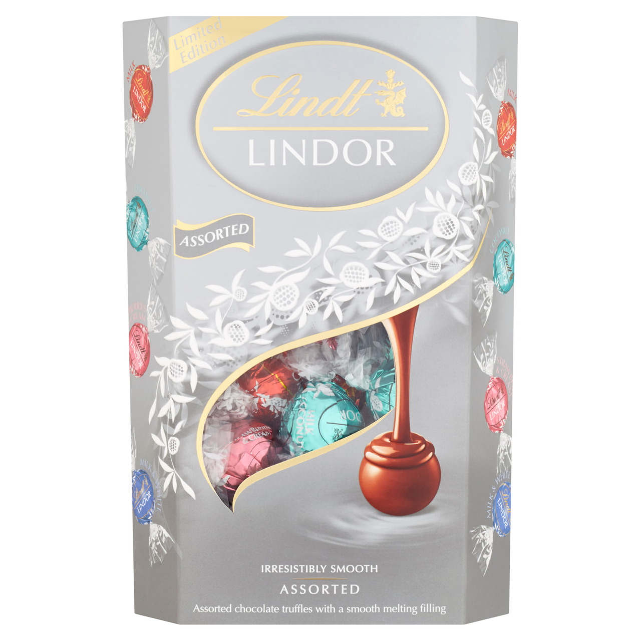 LINDOR Silver Směs mléčné a bílé čokolády s jahodami a kokosem 337 g