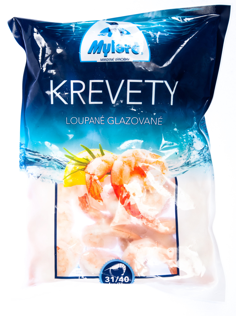 Krevety C loupané, bez hlavy, s pancířem, zůstává pouze ocásek 31/40 mraž. 500 g