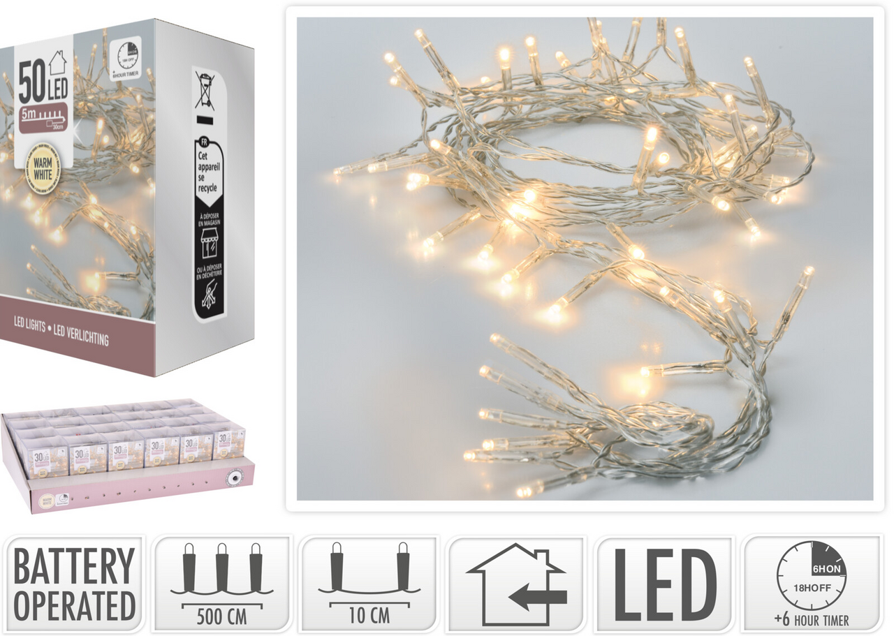 Řetěz světelný na baterky 50LED teplá bílá 1 ks