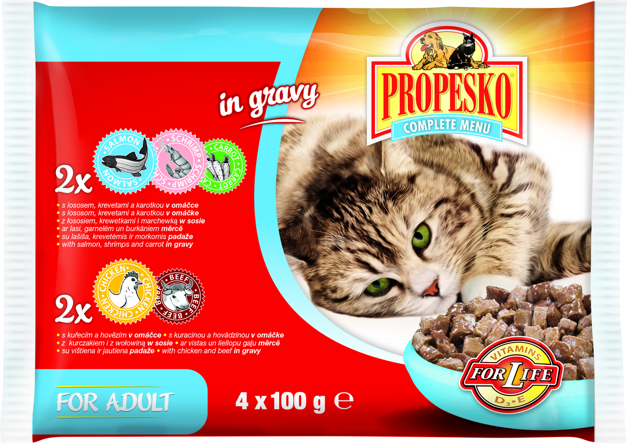 PROPESKO Kapsička masová pro kočky Losos + Králík / Kuře + Hovězí 4 x 100 g