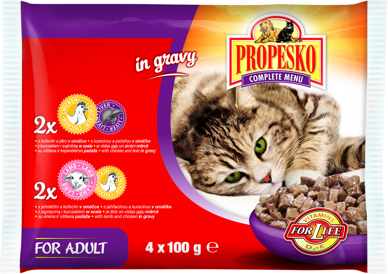PROPESKO Kapsička masová pro kočky Kuře+Játra/Kuře+Jehněčí 4 x 100 g