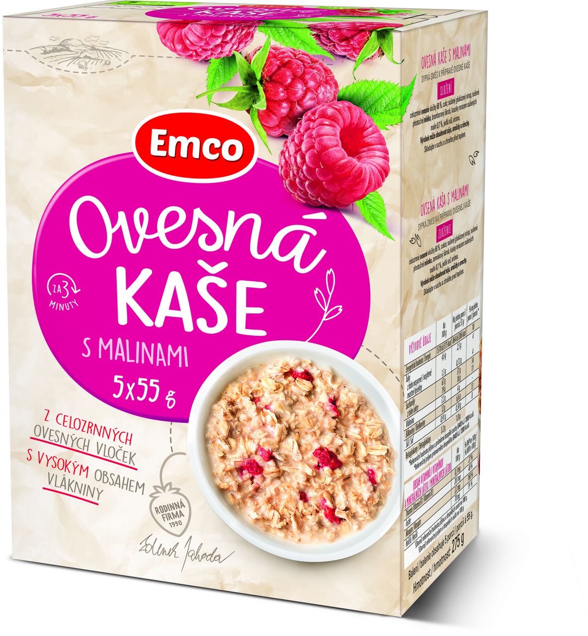Emco Kaše ovesná s malinami 5 x 55 g