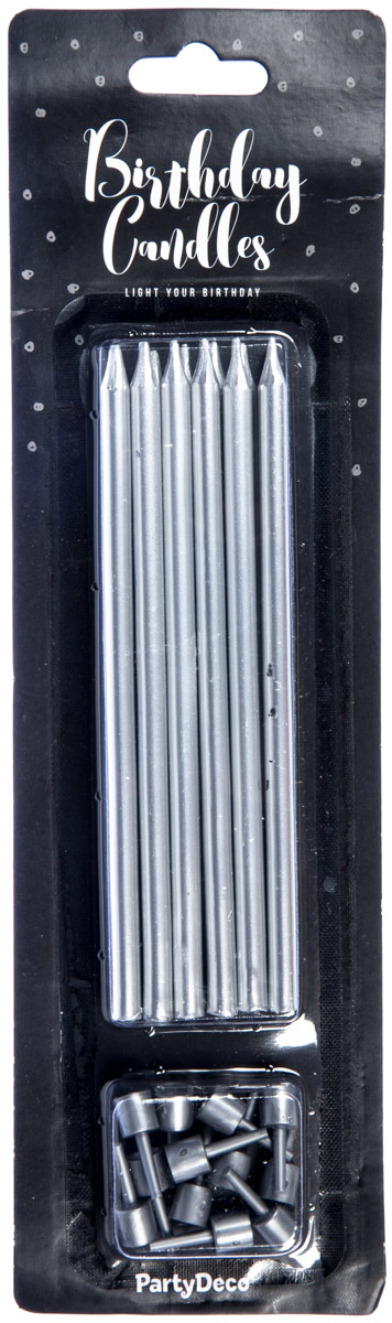 PARTY DECO Svíčky stříbrné se stojánkem 12,5 cm 12 ks