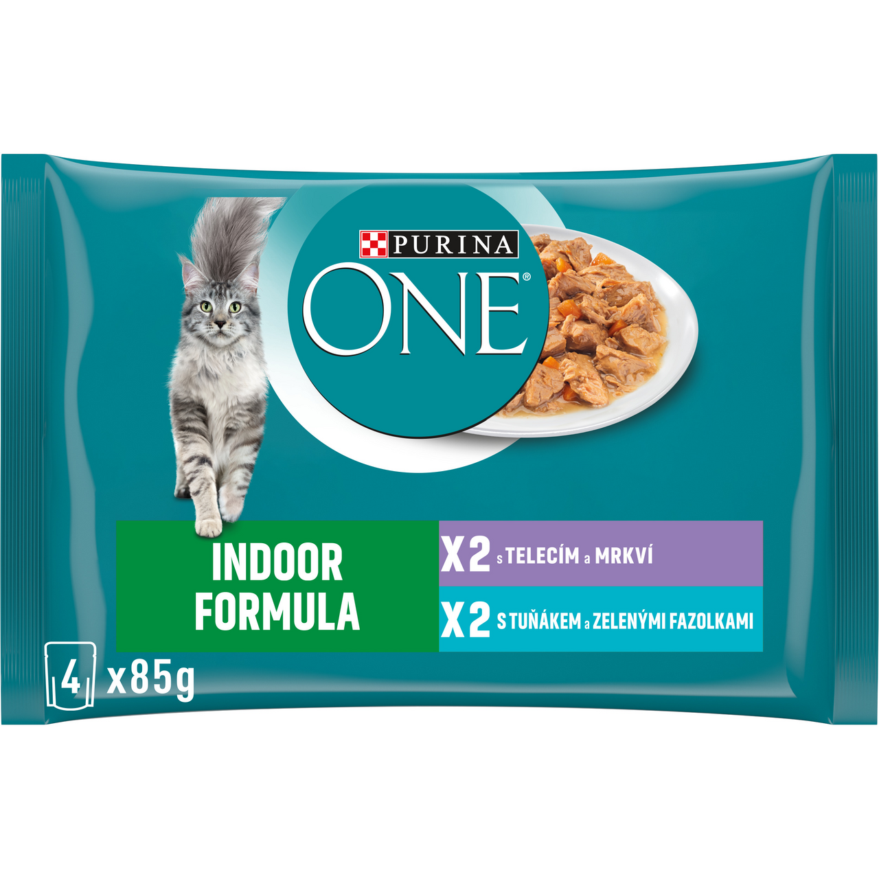 Purina ONE Indoor kapsičky pro kočky tuňák, telecí ve šťávě 4 x 85 g