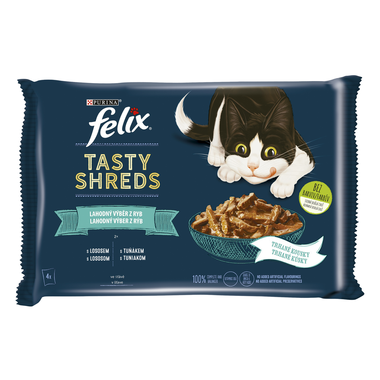 Felix Tasty Shreds kapsičky pro kočky losos, tuňák ve šťávě 4 x 80 g