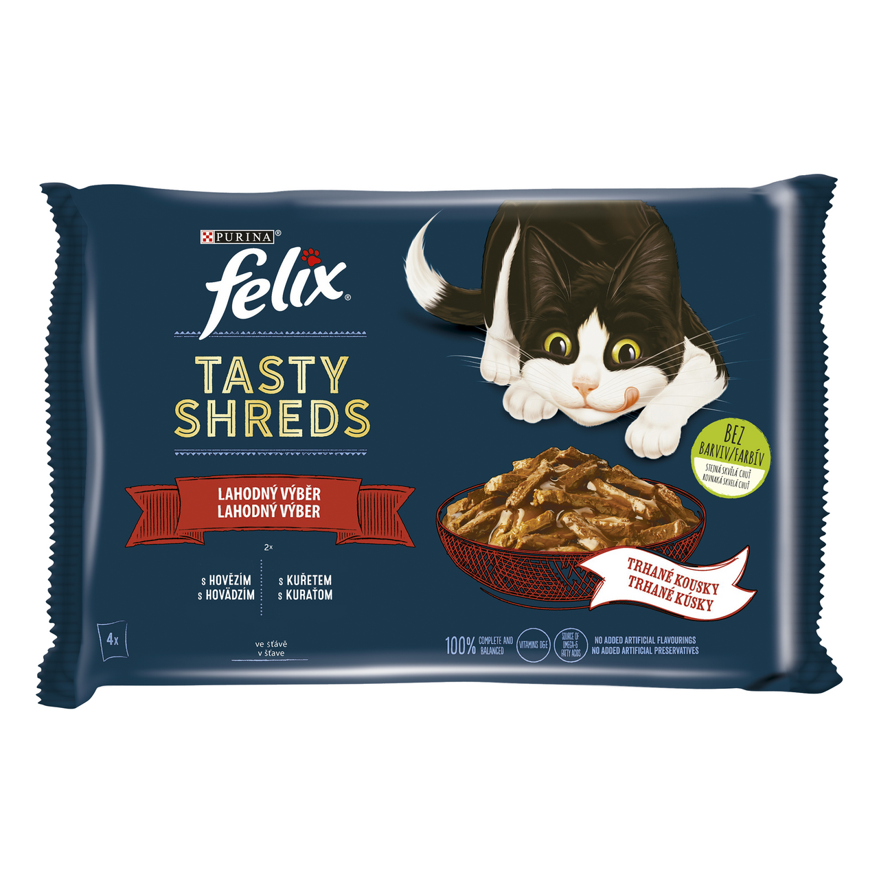 Felix Tasty Shreds kapsičky pro kočky hovězí, kuře ve šťávě 4 x 80 g