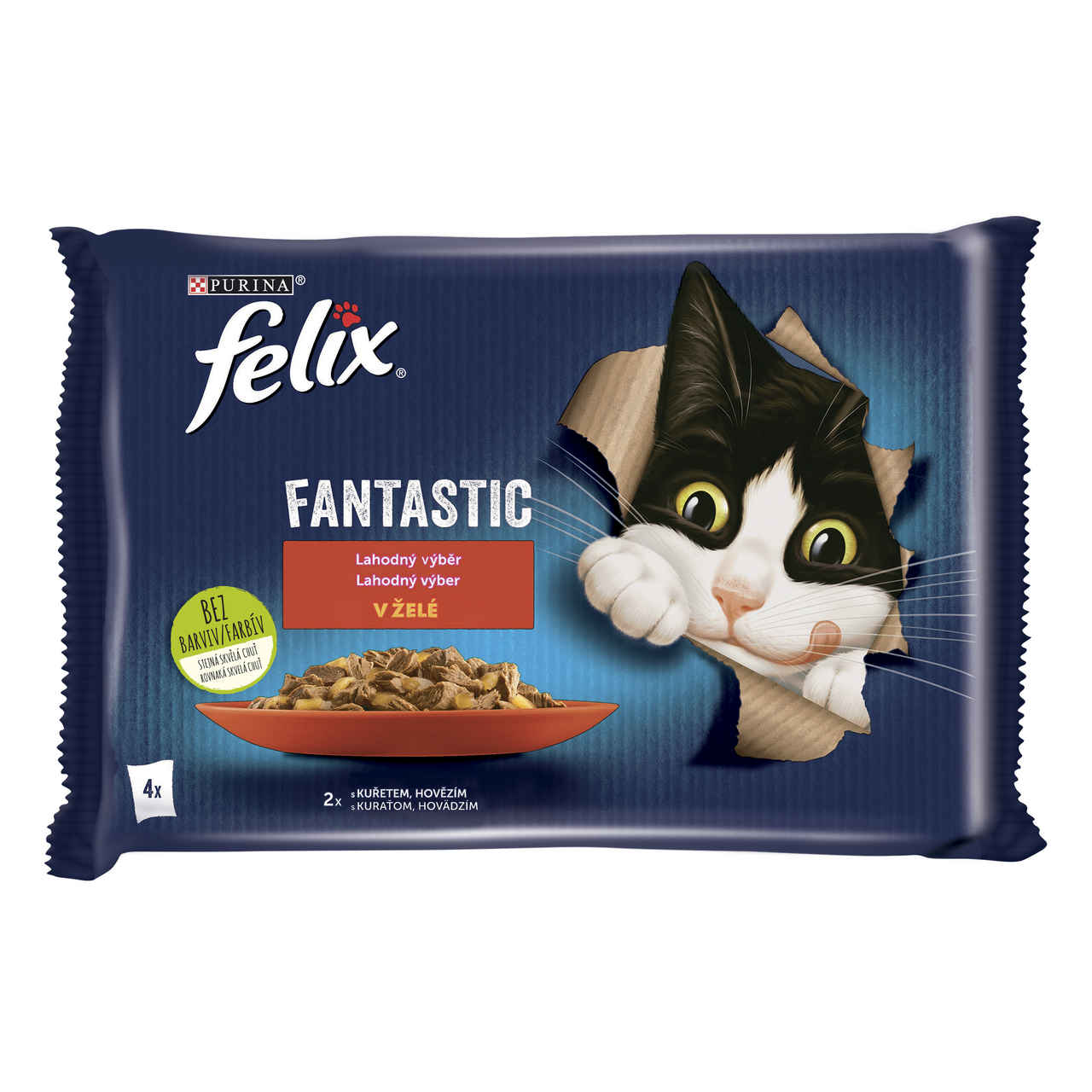 Felix Fantastic kapsičky pro kočky hovězí, kuře v želé 4 x 85 g