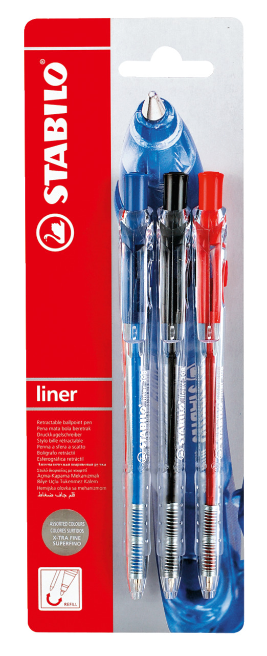 STABILO liner 308 F Pero kuličkové (modrá, černá, červená) 3 ks