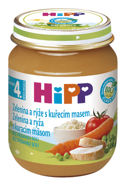 HiPP BIO Zelenina a rýže s kuřecím masem 125 g sklo
