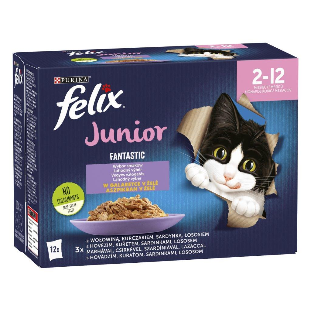 Felix Fantastic Junior kapsičky pro koťata hovězí, kuře, sardinky, losos v želé 12 x 85 g
