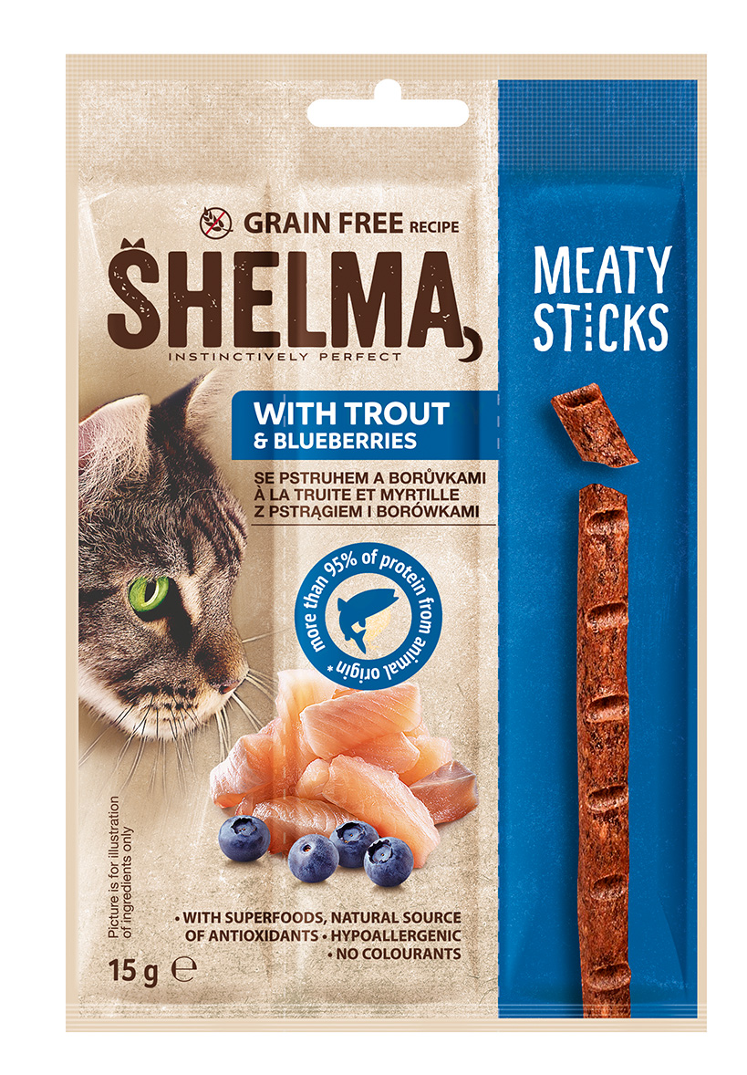 SHELMA Meaty Sticks Snack se pstruhem 15 g
