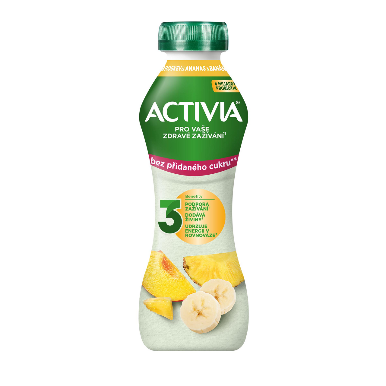 ACTIVIA Nápoj broskev ananas banán bez přidaného cukru chlaz. 8 x 270 g