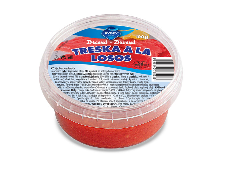 Treska a la losos drcená (pevný podíl 60 g) chlaz. 100 g