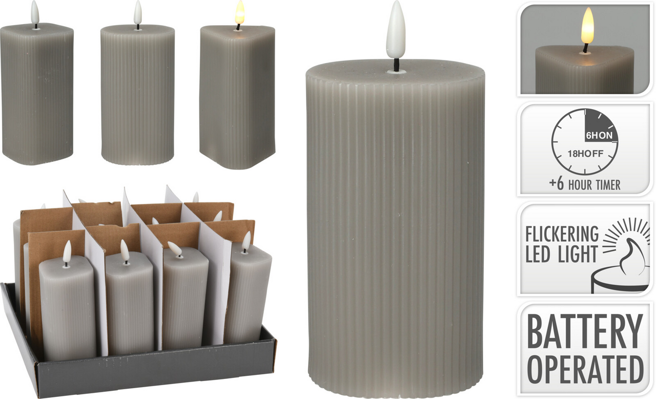 LED Svíčka vroubkovaná 13 cm šedá 3ASS 1 ks