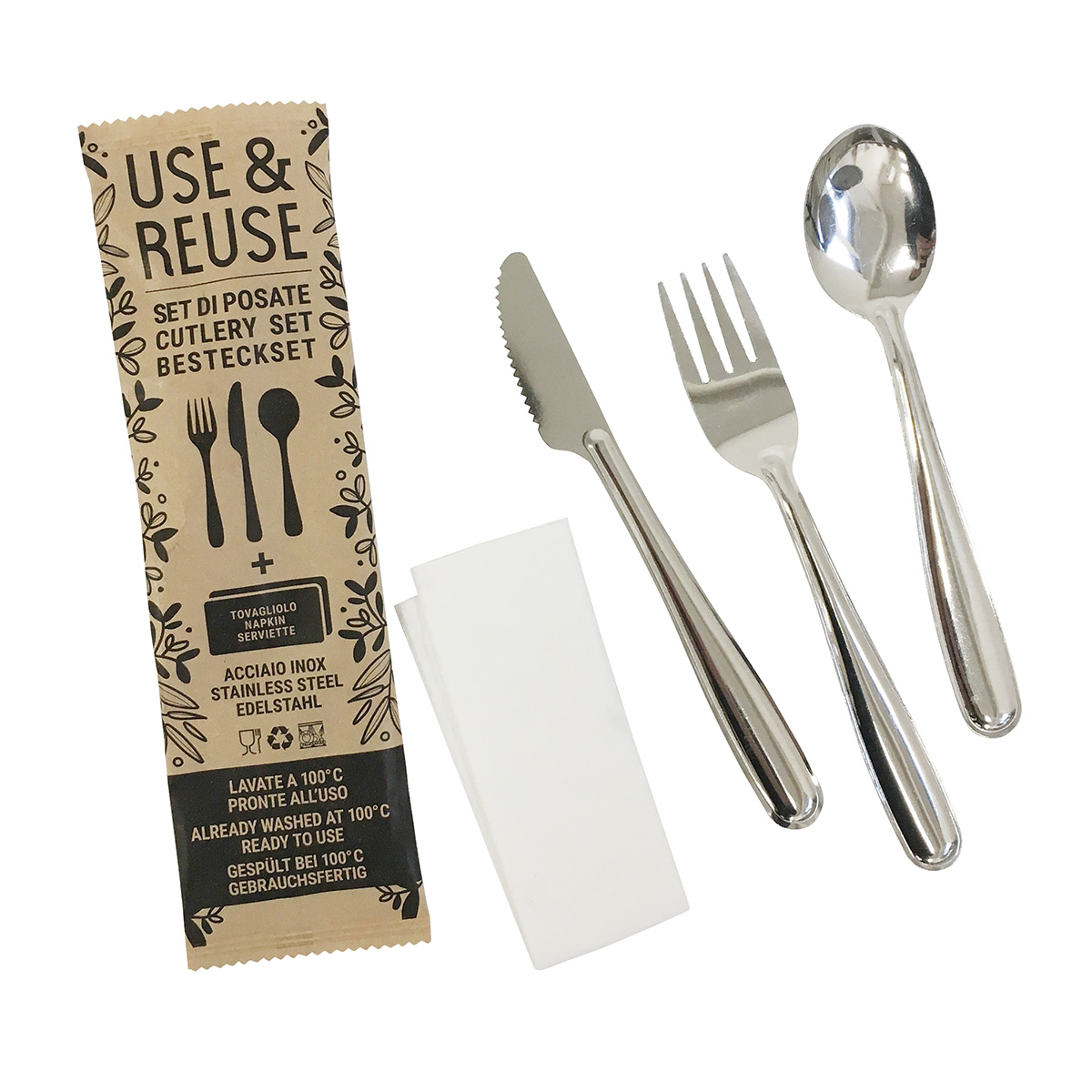 PINTINOX Sada 4dílná lžíce + vidlička + nůž + ubrousek Ready to Use 100 ks