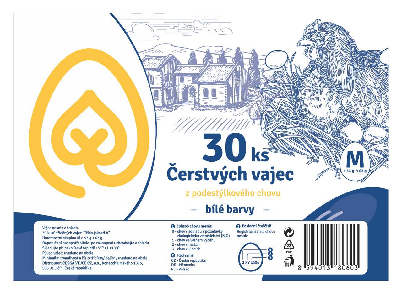 Česká Vejce čerstvá z podestýlky vel. M CZ chlaz. 30 ks