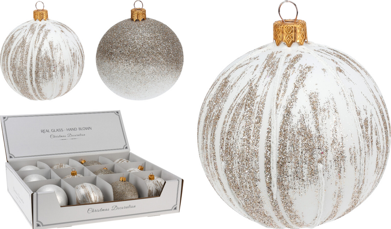 Vánoční skleněná koule 8 cm bílá 2ASS 1 ks