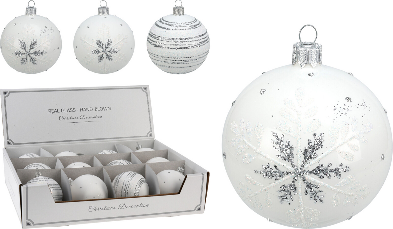 Vánoční skleněná koule 8 cm bílá 4ASS 1 ks