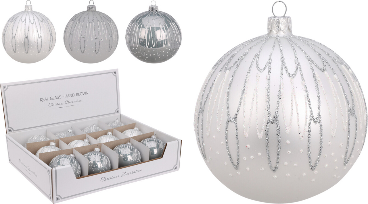 Vánoční skleněná koule 8 cm stříbrná 3ASS 1 ks