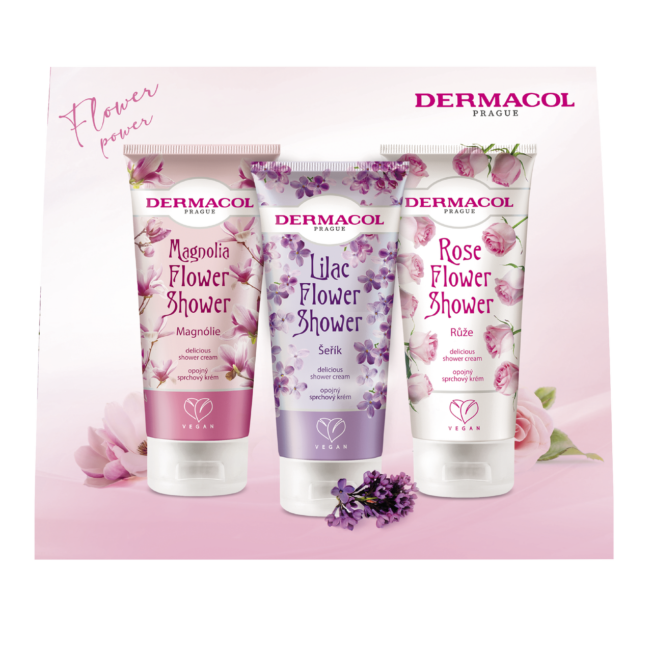DERMACOL Flower Shower dárková sada (SG šeřík, růže, magnolie 3 x 200 ml)