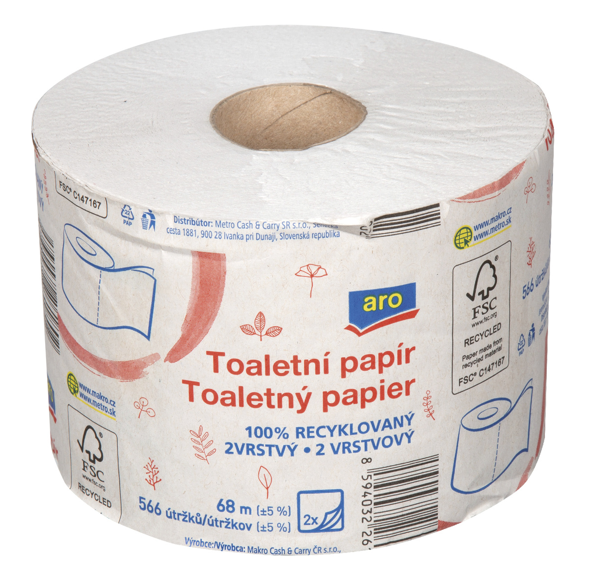 aro Toaletní papír recyklovaný 2vrstvý 68 m 12 ks