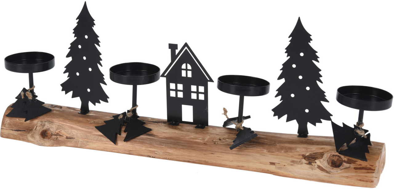 Svícen 4 x čajové svíčky dřevo kov 1 ks