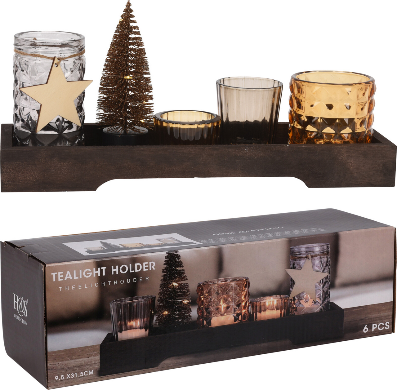 Svícen set sklo dřevo 6 ks