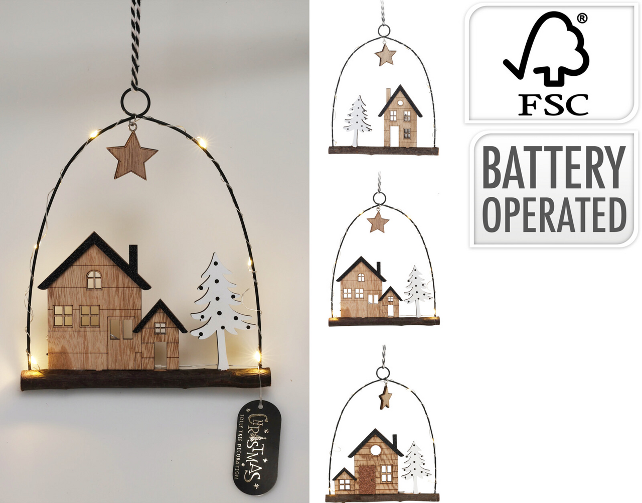 Závěsná dekorace LED 18 cm dřevo 3ASS 1 ks