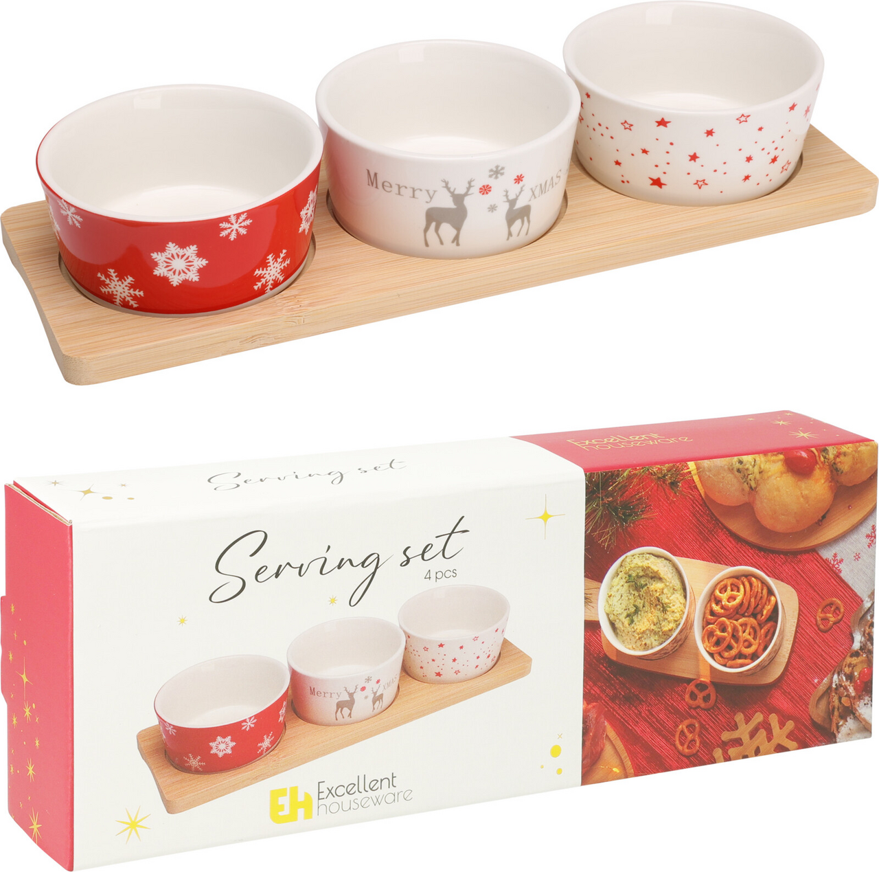 Servírovací set porcelán + bambus 4 ks