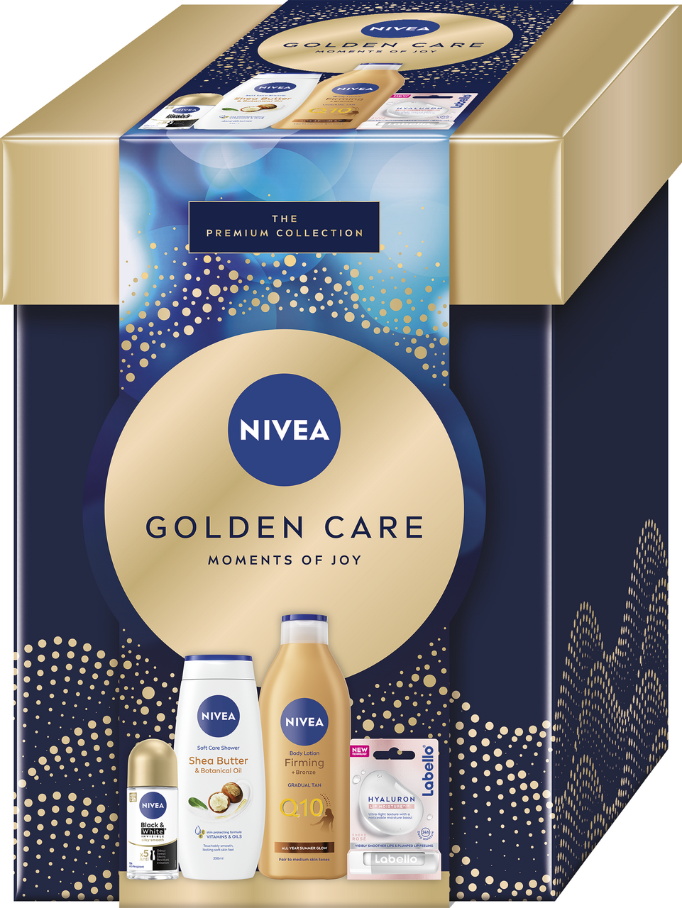 NIVEA Box Golden Care dárková sada (těl. mléko + SG 250 ml + kuličkový AP + balzám na rty)