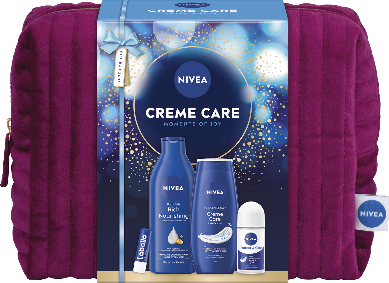 NIVEA Bag Creme Care dárková sada (těl. mléko 400 ml + SG 250 ml + kuličkový AP + balzám na rty)
