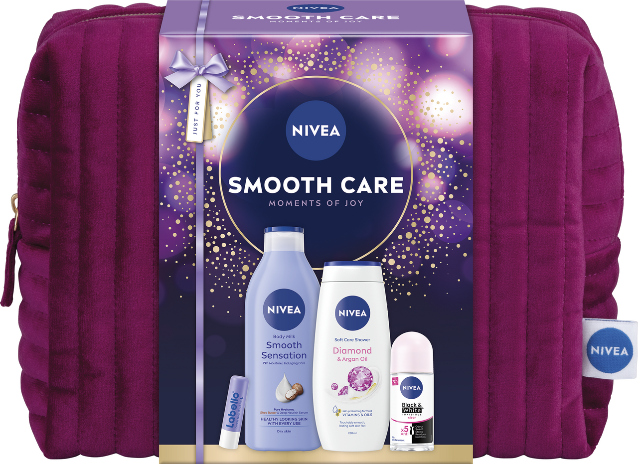 NIVEA Bag Smooth Care dárková sada (těl. mléko 400 ml + SG 250 ml + kuličkový AP + balzám na rty)