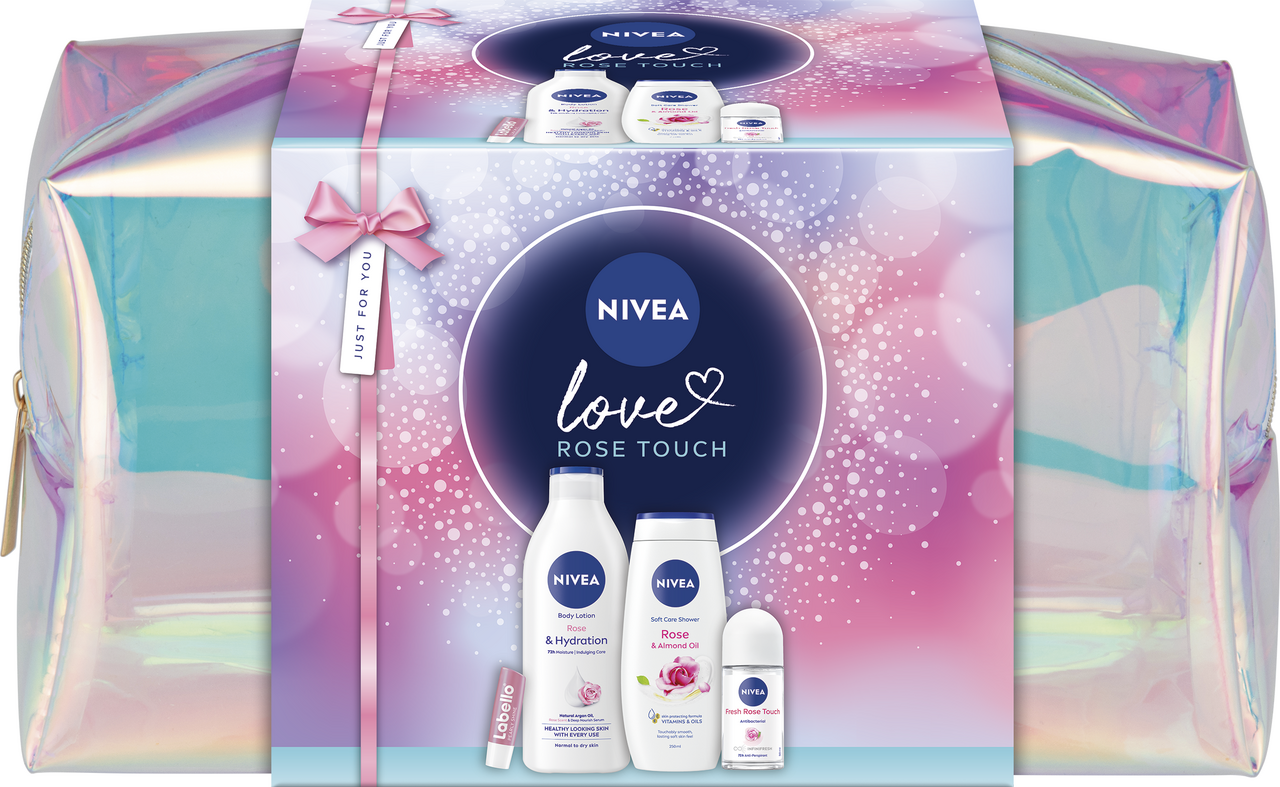 NIVEA Bag Rose dárková sada (těl. mléko 400 ml + SG 250 ml + kuličkový AP + balzám na rty)