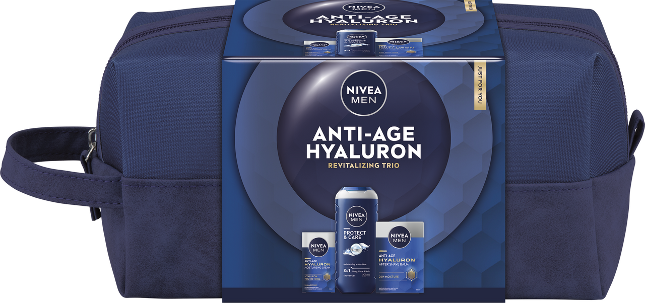 NIVEA Men Bag Hyaluron dárková sada (balzám po hol. + krém proti vráskám + SG 250 ml)