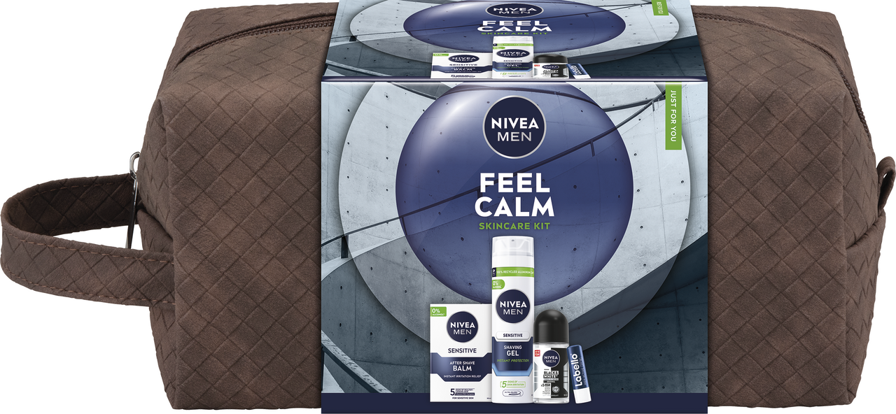 NIVEA Men Bag Sensitive dárková sada (balzám po hol. + gel na hol. + kuličkový AP + balzám na rty)
