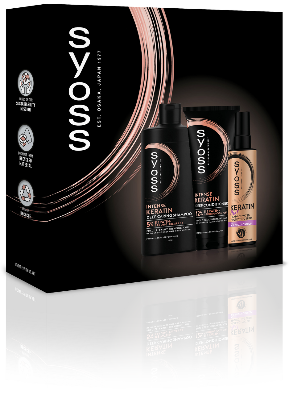 syoss Keratin Box Big dárková sada (šampon 440 ml + balzám 250 ml + sprej Heat Protection 200 ml)