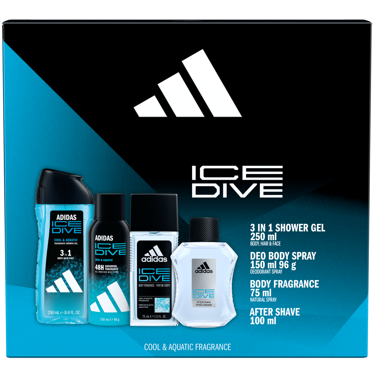 adidas Ice Dive dárková sada (SG 250 ml + deo 150 ml + DNS 75 ml + voda po holení 100 ml)
