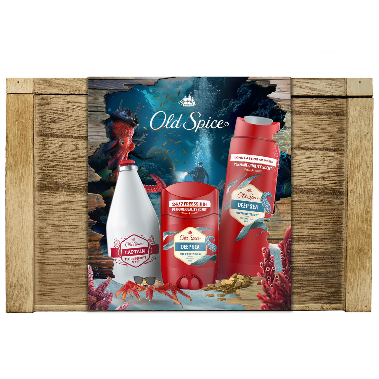 Old Spice Deep Sea dárková sada (SG 250 ml + na holení 100 ml + deo 50 ml + dřev. truhla) 