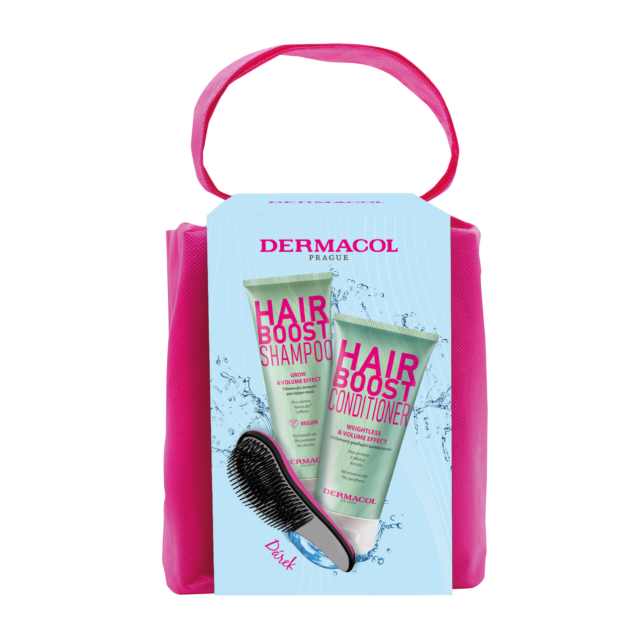 DEMACOL Hair Boost Volume dárková sada (šampon 250 ml + kondicioner 200 ml + hřeben)