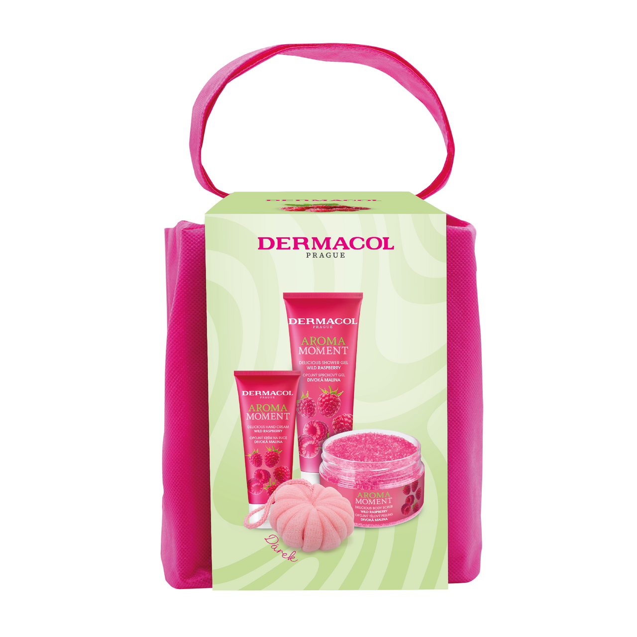 DERMACOL Aroma malinové potěšení dárková sada (SG 250 ml + krém na ruce 100 ml + peeling 200 g + houbička)