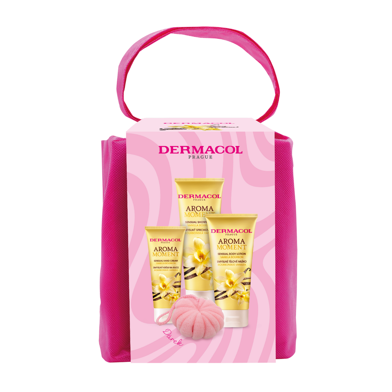 DERMACOL Aroma Moment vanilka dárková sada (SG 250 ml + těl. ml. 200 ml + krém na ruce 100 ml + houbička)