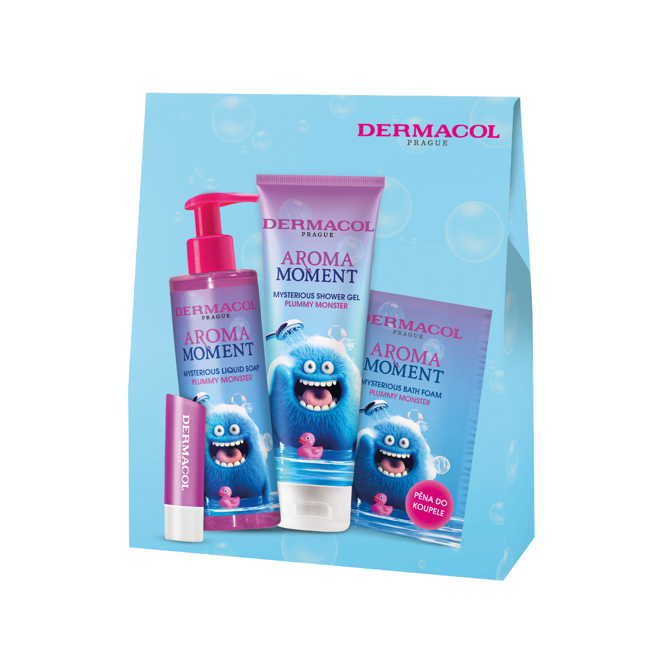 DERMACOL Aroma Plummy Monster dárková sada (SG 250 ml + pěna 15 ml + tek. mýdlo 250 ml + na rty 4,8 g)