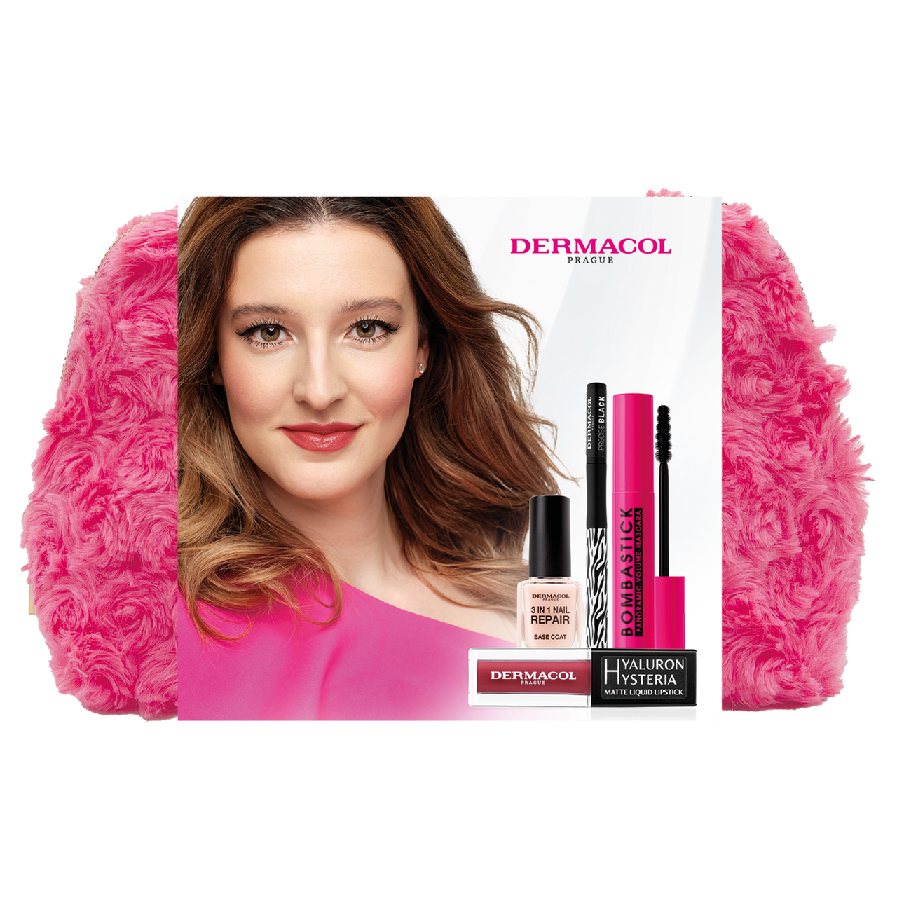 DERMACOL Bombastick dárková sada (precise fix 1 ml + řasenka 12,5 ml + zpev. nehty 11 ml + HH 4,2 ml)
